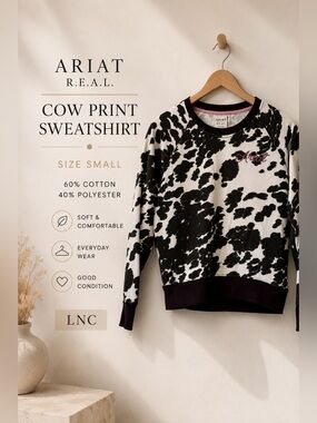 Ariat R.E.A.L. Cow Print Pullover Sweatshirt Western Graphic Top Small